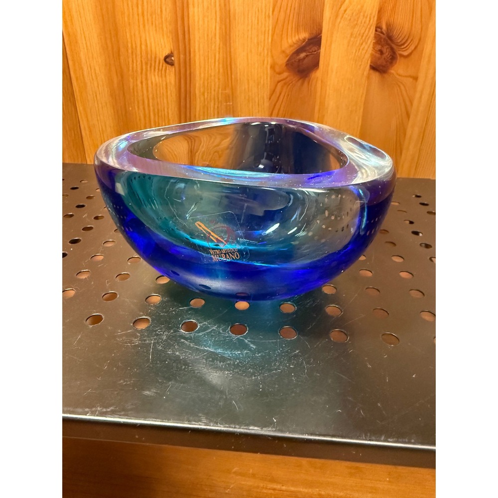 Murano Art Glass Bowl Blue Teal Purple Sommerso Hand Blown 5" Italian Signed